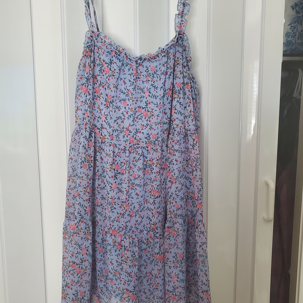 Altar'd State Light Blue Floral Midi Dress with Pink Flowers